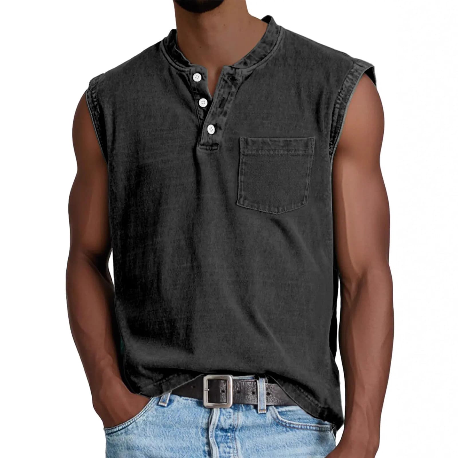2025 European and American Cross-border Men's Vest Thin Waistcoat Amazon Men's Henley Neck Button Fitness Sports Top