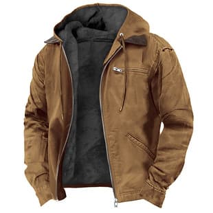 Solid Color Hooded Cotton Jacket Casual Men's Wear Fleece Lined Zip Pocket Coat