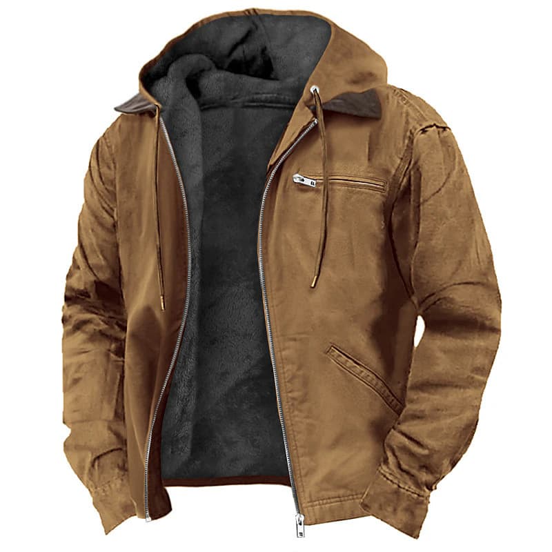 European and American cross-border e-commerce solid color hooded cotton casual men's velvet zipper pocket jacket