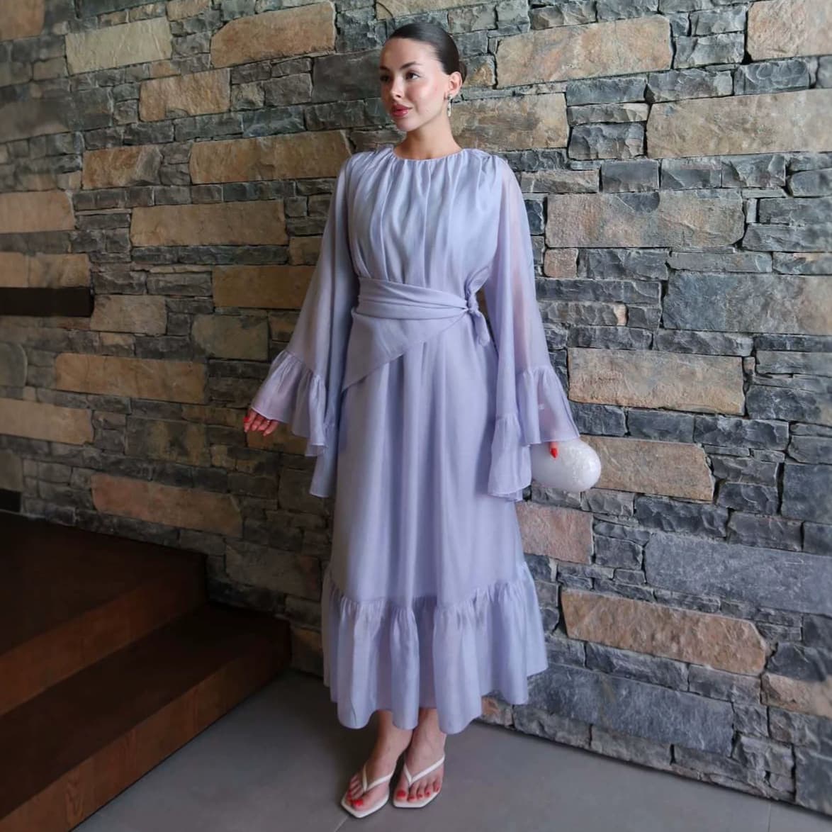 Amazon New 2026 Summer Women's Round Neck Flared Long Sleeve Waist-Tied Flowing Dress