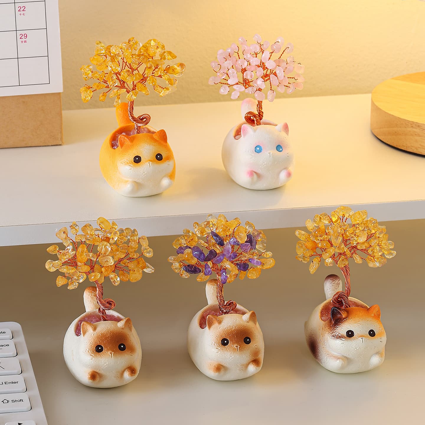 Yellow Crystal Money Tree Small Ornament, Lucky Cat for Office Desk Decoration, Good Item for Emotional Stability