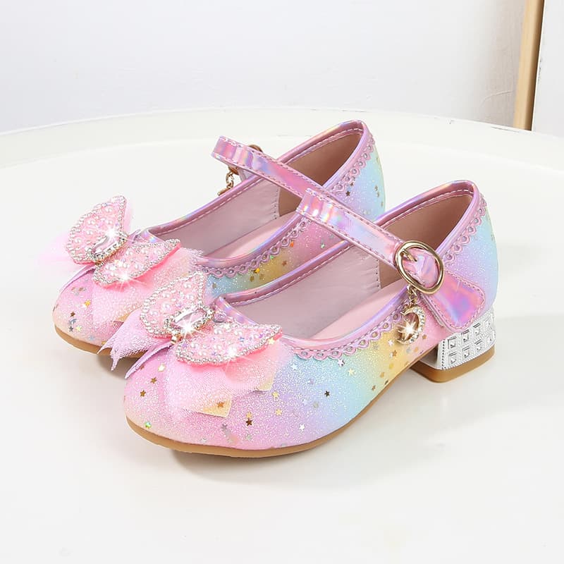 Girls' high-heeled rainbow princess shoes, new spring and autumn styles, little girl single shoes, medium and large children's crystal shoes and leather shoes