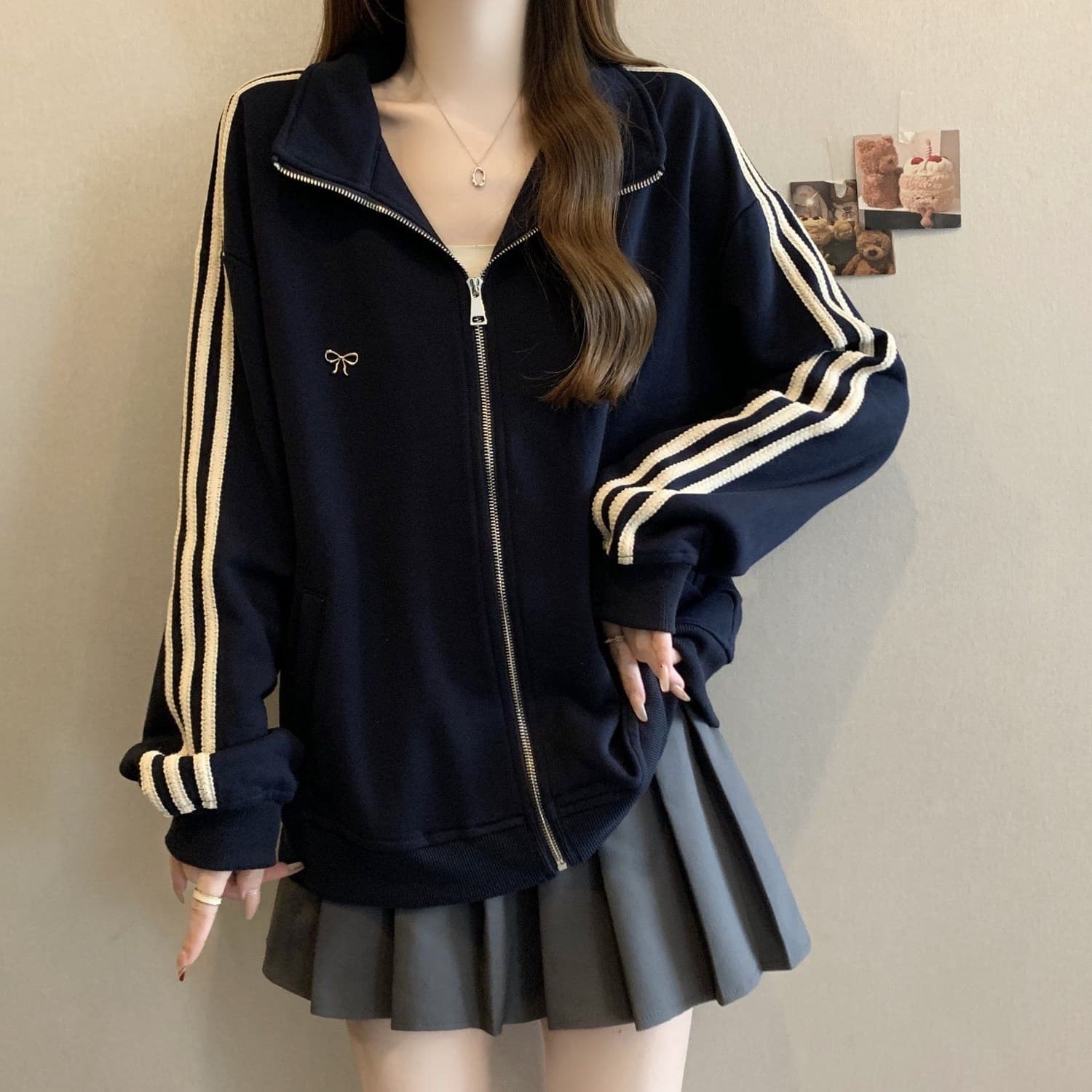 2026 Spring Korean Style Plus Size Women's Stand Collar Top, Regular Shoulder Zip-up Hoodie Jacket for Fall and Winter, Cardigan