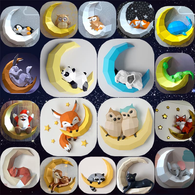 18 Animal Designs: Panda on the Moon 3D Papercraft Wall Hanging DIY Kit - Fox, Whale, Elephant, Penguin, Dinosaur