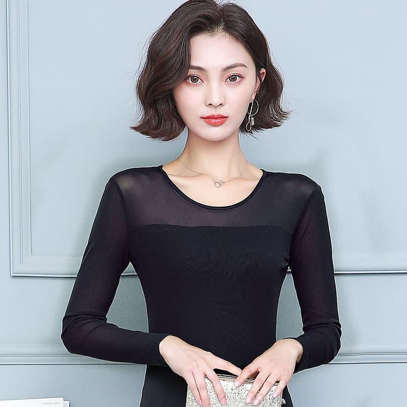 Women's Slim Fit Elastic Mesh Base Shirt Long Sleeve T-Shirt Spring Autumn New Style Korean Version Plus Size Crew Neck