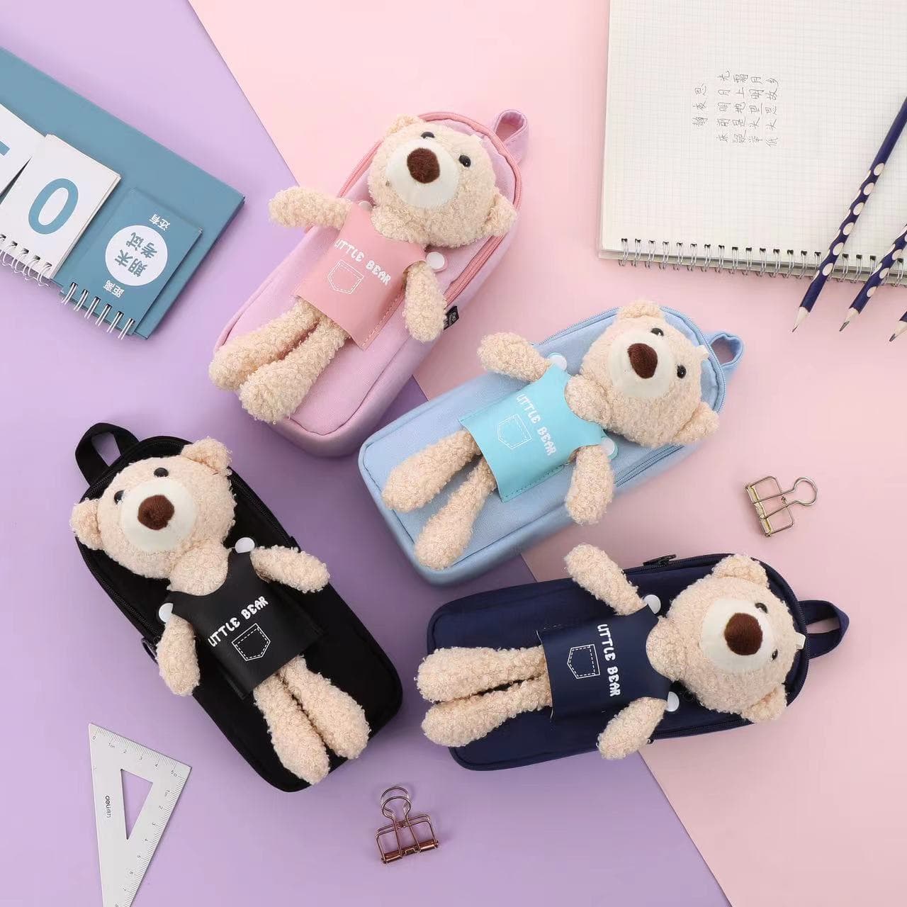 Backpack-style Pencil Case Plush Bear Shape Stationery Bag Japanese Large Capacity Cute Student Boys Girls Cartoon Pencil Pouch