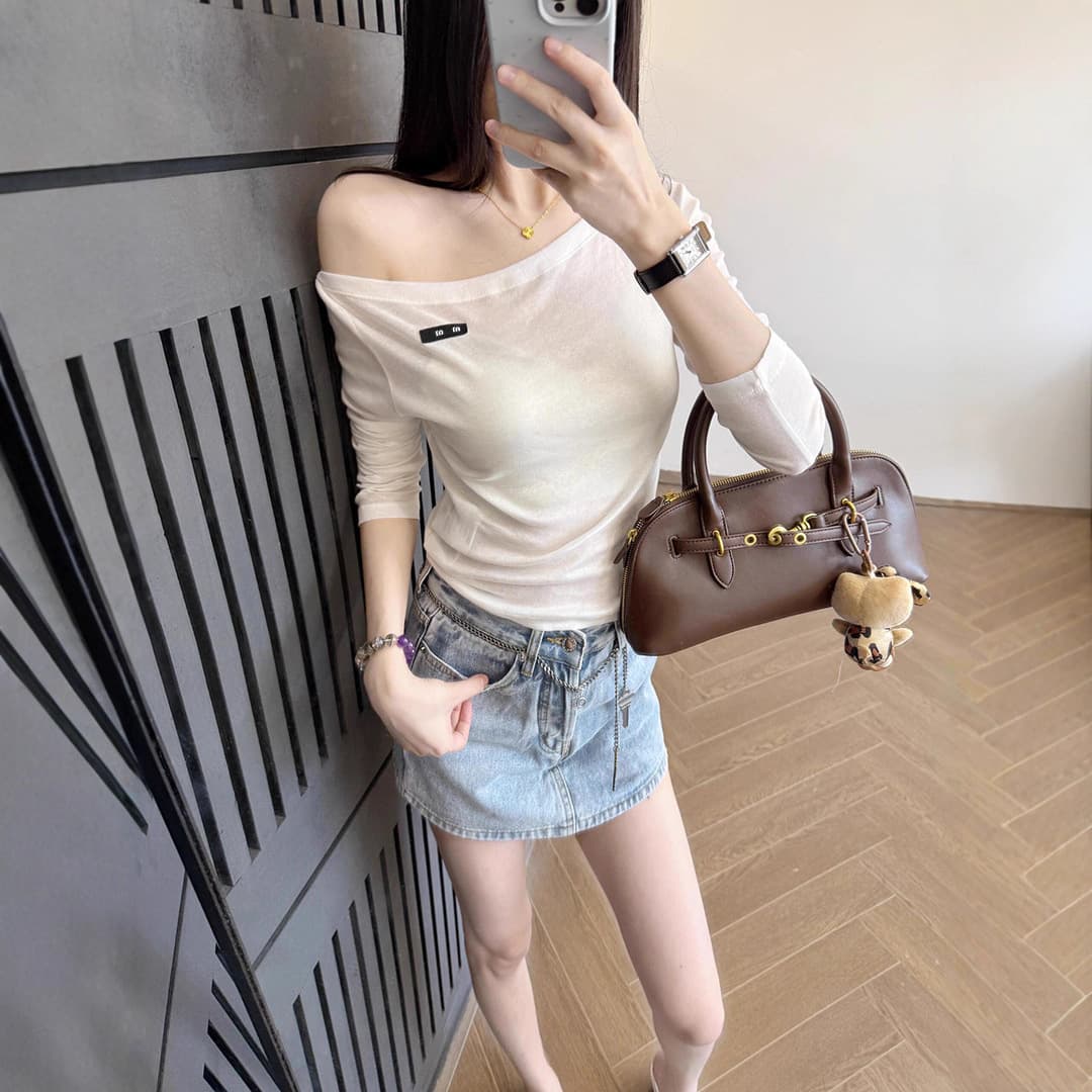 MM one-line collar off-shoulder solid color T-shirt for women with jacquard letters logo loose pure lust sexy thin long-sleeved skin clothing