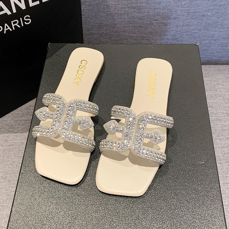 2024 Summer New Rhinestone Slippers Women Cross-border Plus Size Square Toe Flat Sandals Slippers Shoes