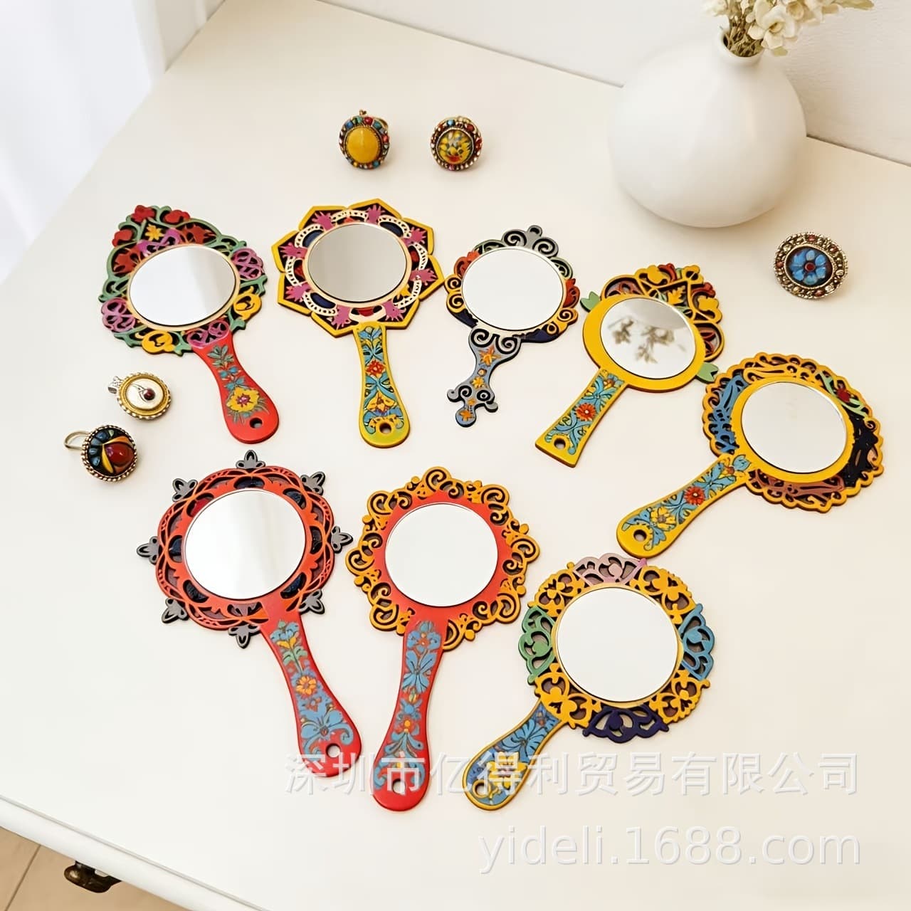 Cross-border wood-colored hollow wooden hand-held mirror blank hand-painted graffiti mirror blank handmade materials festival activities