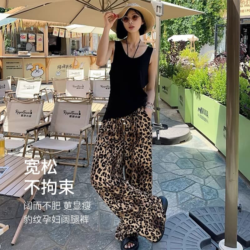 2026 Summer Maternity Pants Chiffon High Waist Retro Leopard Print Wide Leg Pants Women Loose Slimming Floor-Length Pants