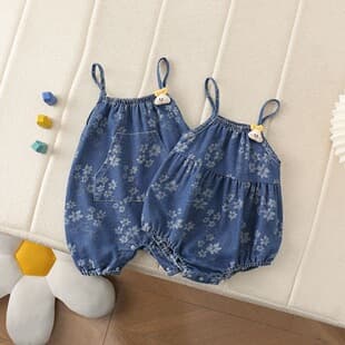 Infant Summer Thin Denim Strap Bodysuit, Casual Simple Romper for Boys and Girls