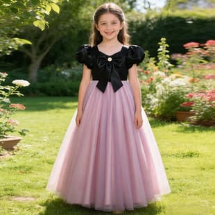 Girls Black Gray Puff Sleeve Tutu Mesh Dress Children's Birthday Piano Performance Stage Dress Holiday Party
