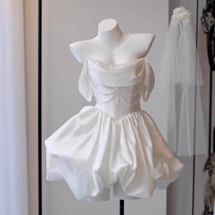 Satin Off-Shouldle Light Wedding Dress French Style Short White Dress for Certificate Registration, Engagement, Birthday Party, Banquet