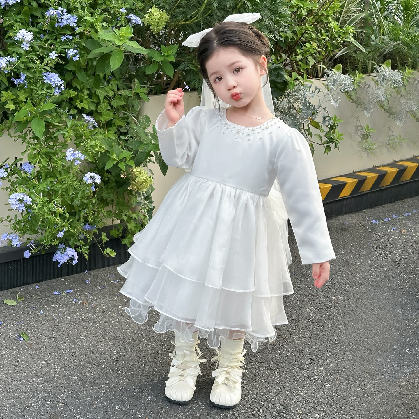 Girls White Spring & Fall Gauze Skirt Wedding Flower Girl Dress Baby Girl 2-3-4-5-6-7 Years Old Girl Dress