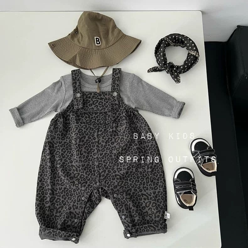 Baby Autumn Outfit Fall Boys Long Sleeve T-Shirt Leopard Print Overalls Set Going Out Jumpsuit Two-Piece Set