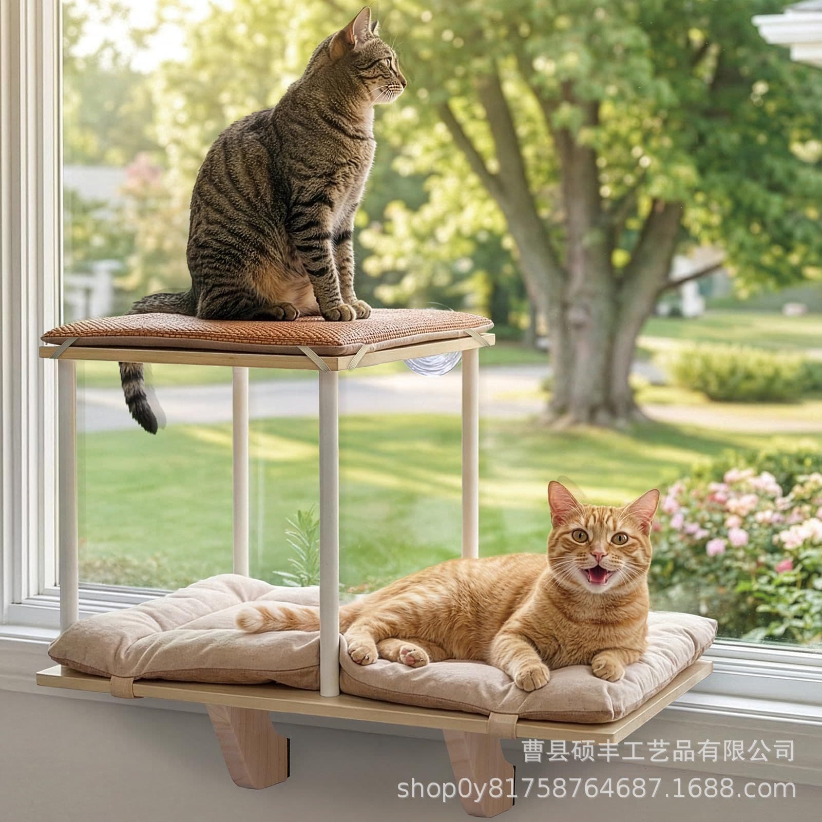 Solid Wood Cat Window Perch Wooden Cat Hammock Window Sill Hanging Cat Bed for All Seasons Cat House Cat Bed Double Layer