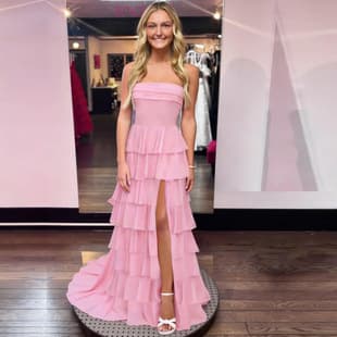 Women's Layered Ruffle High Slit Long Dress Sexy Evening Gown Wedding Bridesmaid Dress Strapless Party Wear
