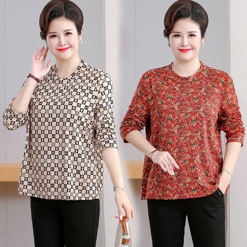 Middle-Aged and Elderly Mom's Wear Autumn/Winter Thin Fleece Multi-Color Plaid Floral Warm Base Layer Top