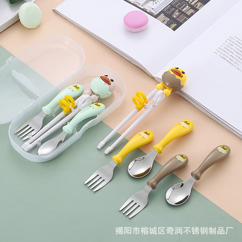 New Style 304 Stainless Steel Children's Cartoon Training Chopsticks Baby Cute Complementary Spoon Fork Portable Three-Piece Set