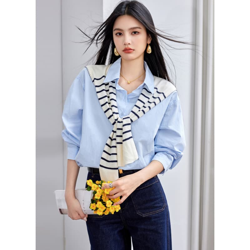 Mint Mambo Striped Shawl Shirt Two-Piece Autumn Women's Clothing, Youthful and Loose Top