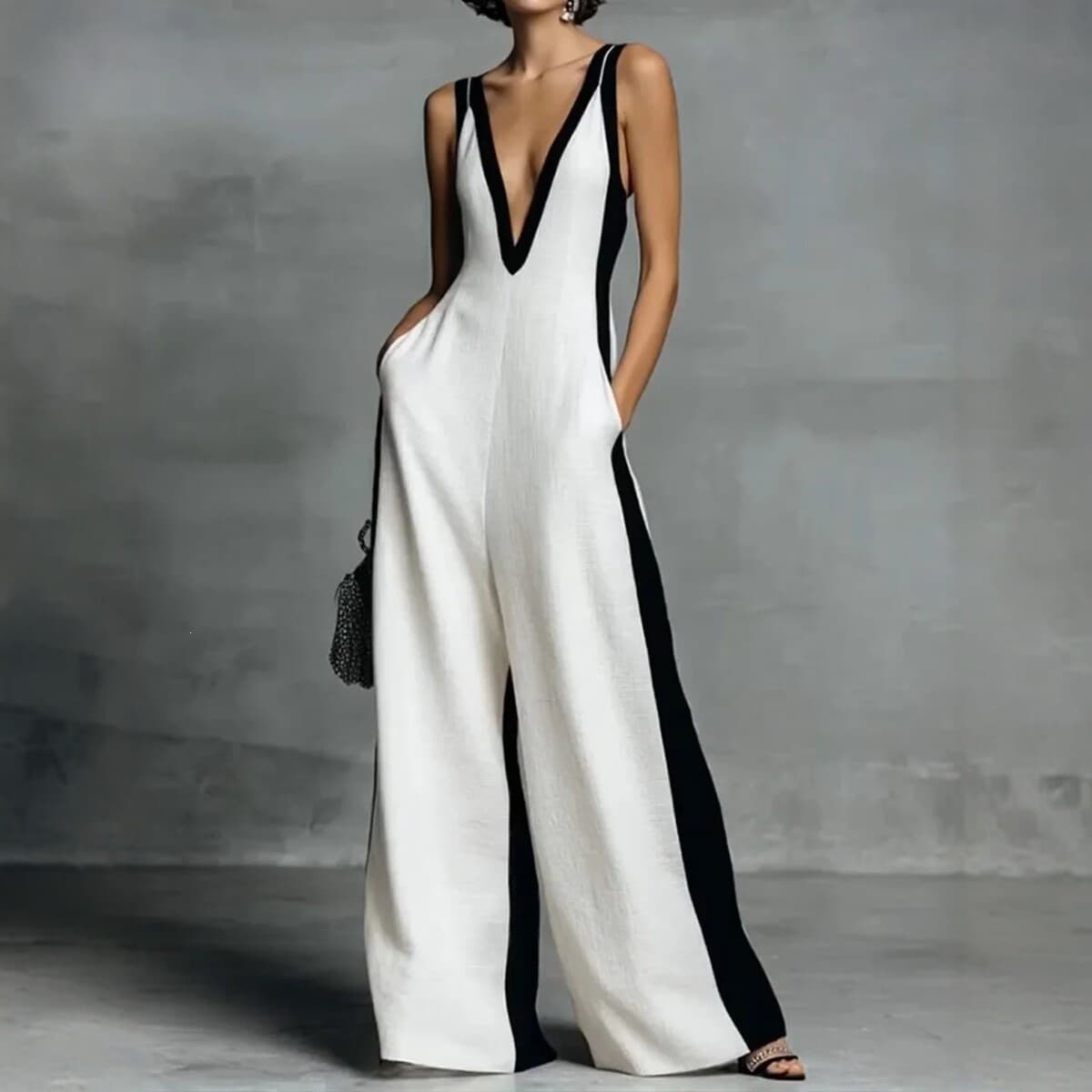2025 Spring/Summer European and American Women's Sleeveless Wide-leg Jumpsuit Loose Contrast Color Camisole Jumpsuit Summer Women