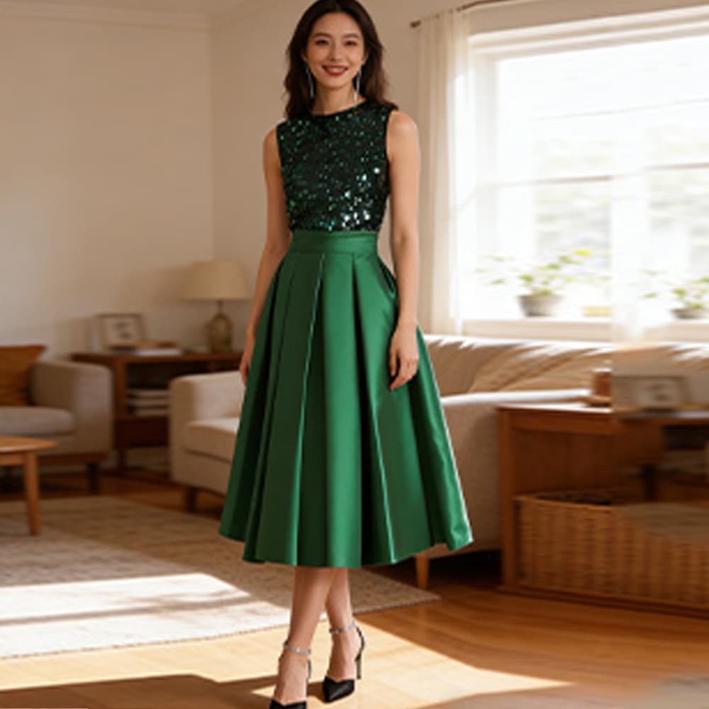 Patchwork Satin Mid-Length Evening Dress, Sleeveless Banquet Dress, Bride's Toast Dress, Host's Birthday Party Dress