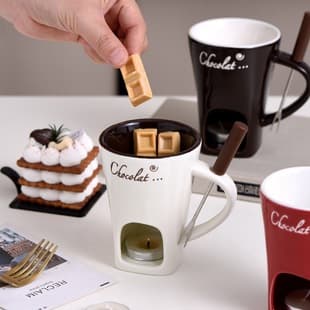 Ceramic Fondue Pot Mug Chocolate Cup Swiss Cheese Fondue Cup with Forks