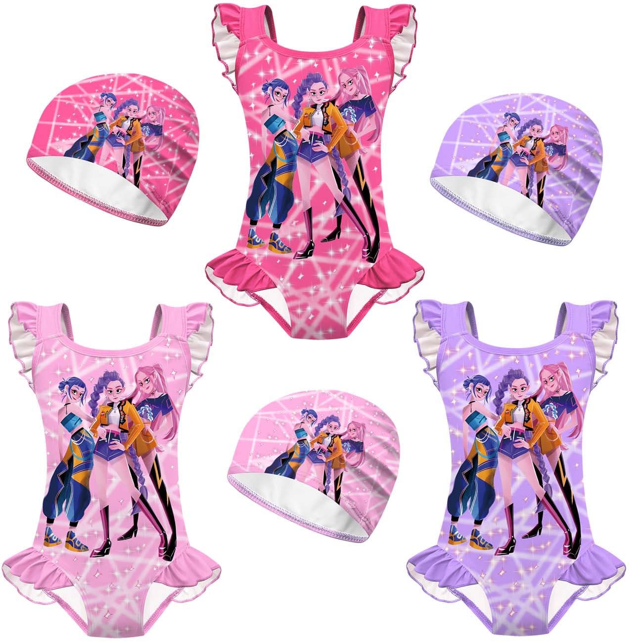 New children's swimsuit cosplay witcher group print girls one-piece lace swimsuit set 20727