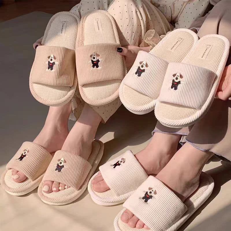 Dog-themed summer indoor spring-bottom cotton-linen shoes for student dormitories, sweat-absorbing, breathable, comfortable, cute, soft linen slippers for women