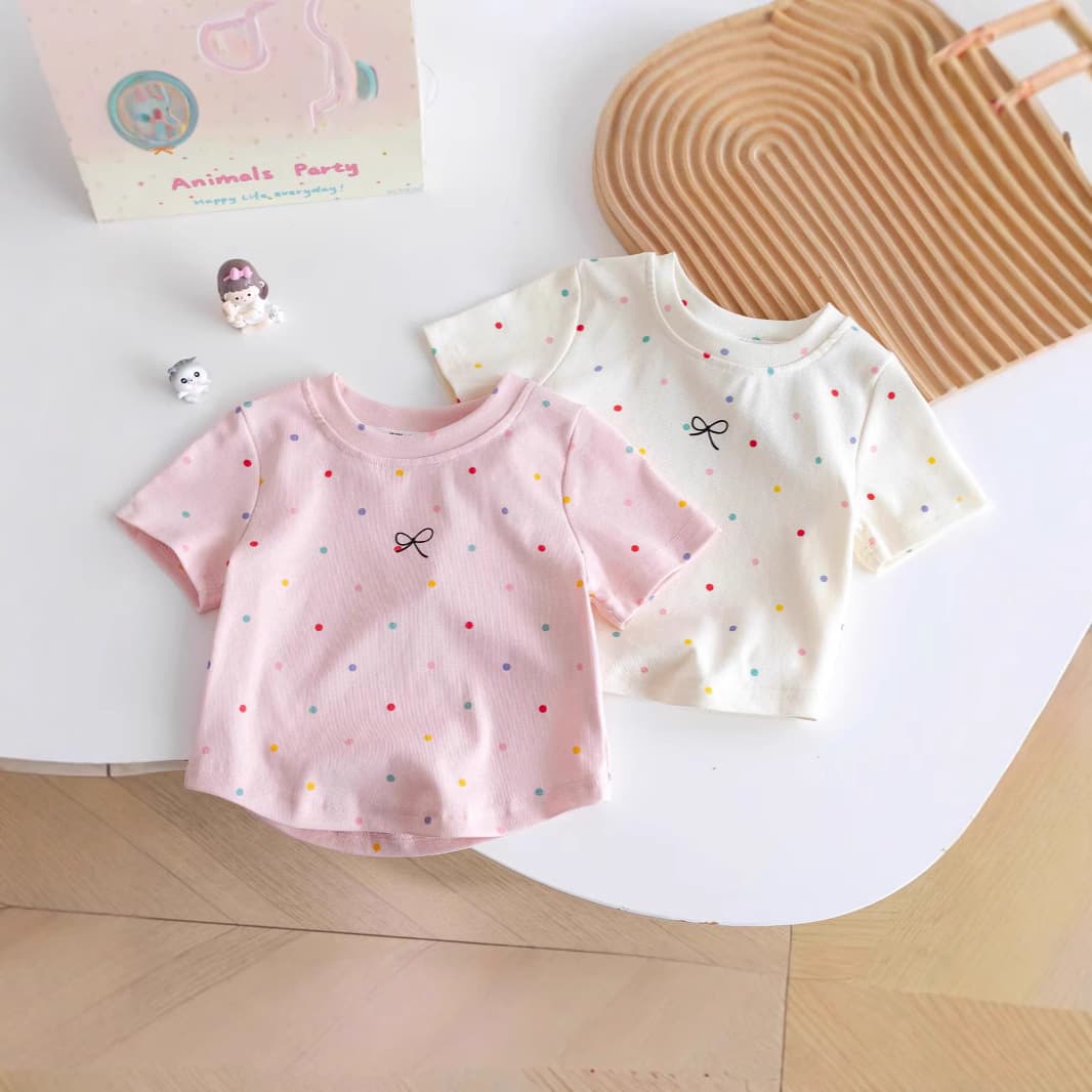 Girls Short Sleeve T-Shirt Polka Dot Summer Outfit Easy to Wear Children's Clothing Simple Design Crew Neck Baby Clothes