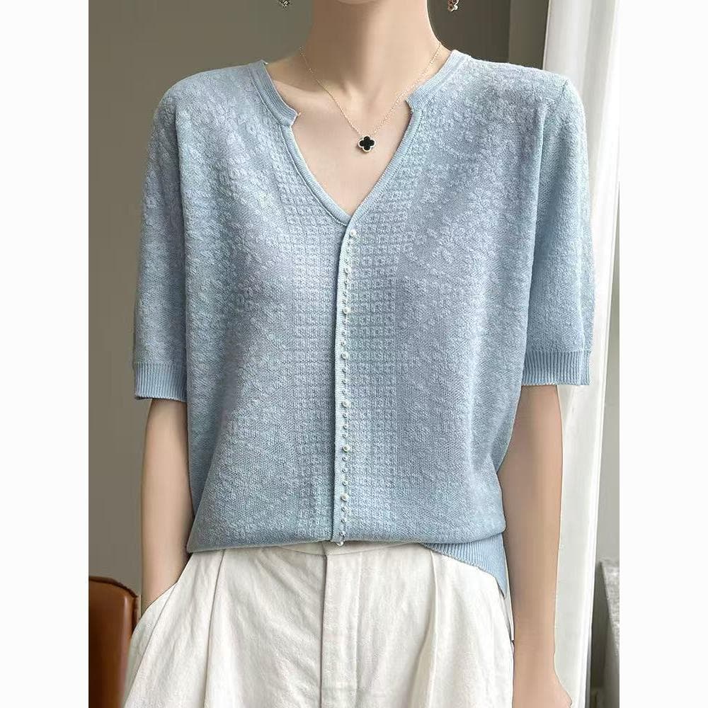 Tencel Lyocell silk short-sleeved sweater crocheted thin beaded loose half-sleeved bottoming summer plus size top