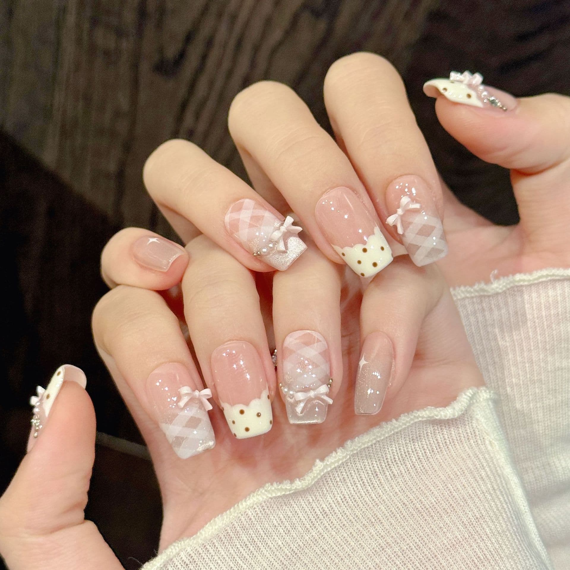 Rikaman Original [Pink Satin Sweet Star] Sweet Bow Soft Pastel Contrast Color Pattern Handmade Press-On Nails