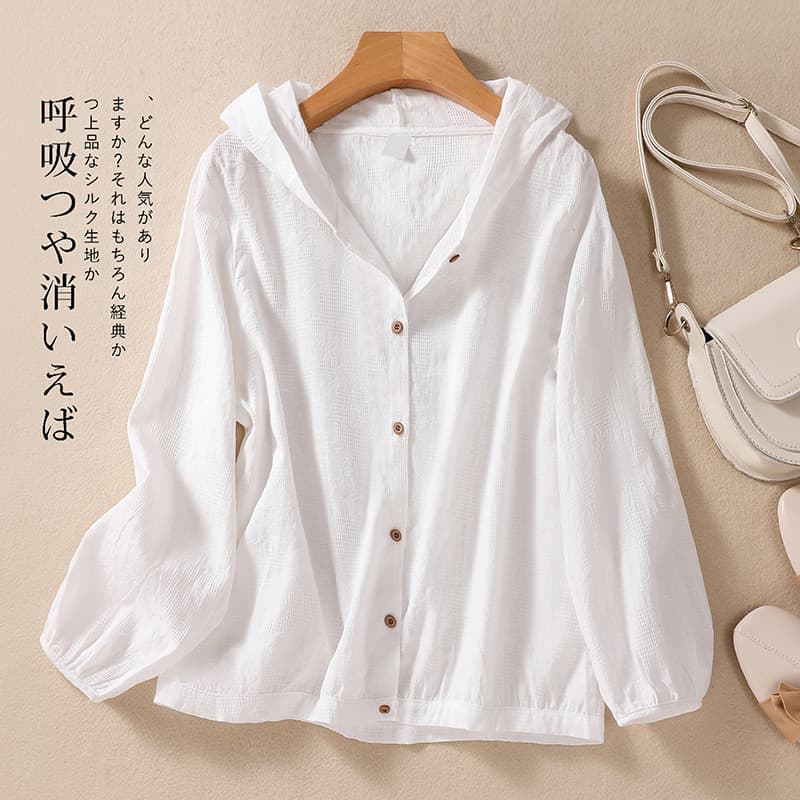 Cotton Linen Shirt for Women Spring Autumn Plus Size Loose Fit Hooded Cardigan Long Sleeve Top Casual Versatile