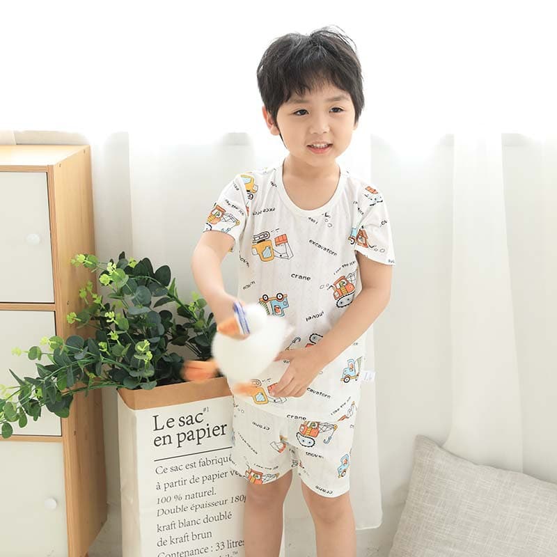 Children's Short Sleeve Pajama Set Summer Bamboo Fiber Thin Baby Air Conditioning Wear for Boys and Girls