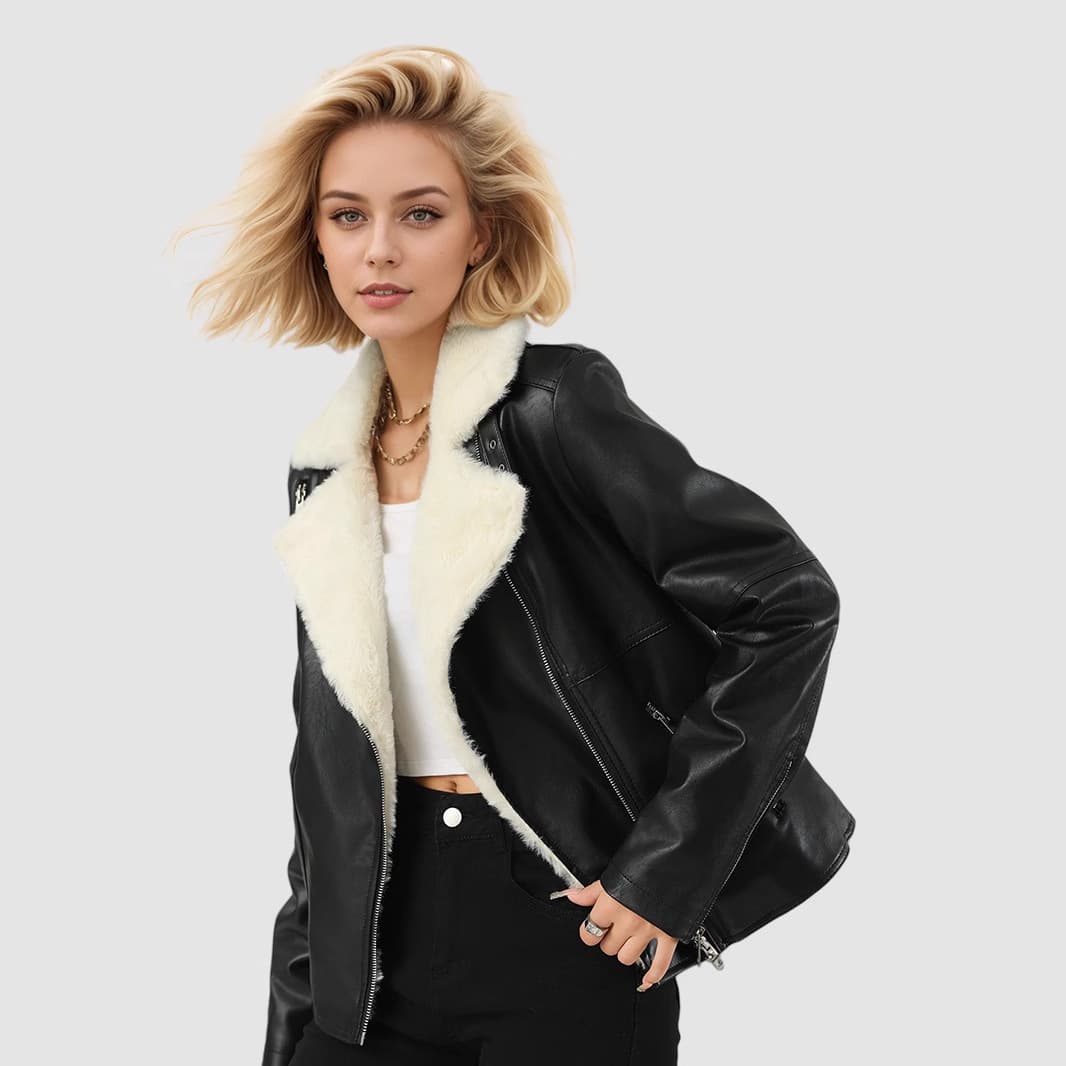 Cross-border Winter Fashion Coat Thick Fur Lined Plus Size Jacket Women's Leather Custom Stylish