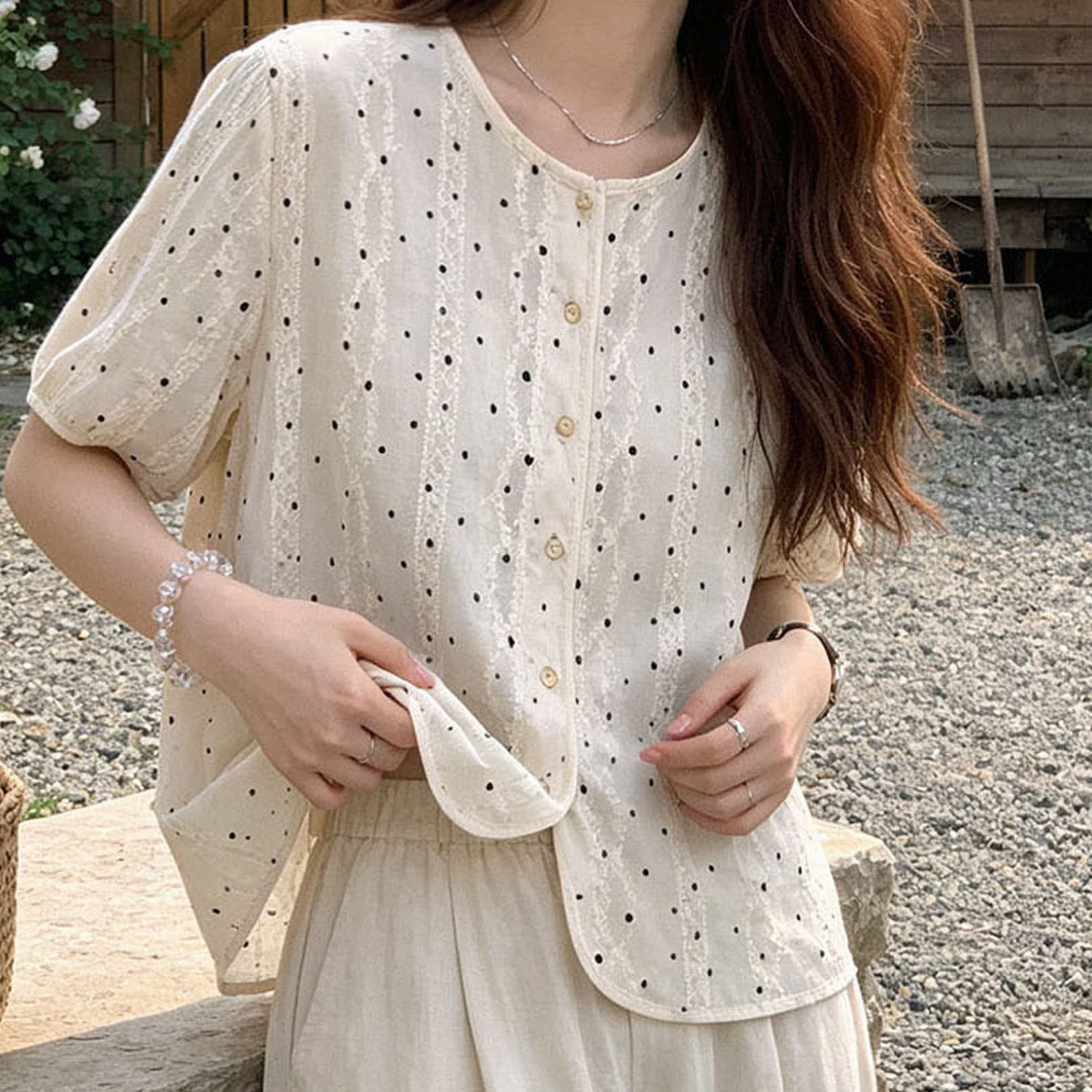 French petite embroidered polka-dot shirt for women, short-sleeved, round-neck, pure cotton, all-match age-reducing top, short jacquard shirt