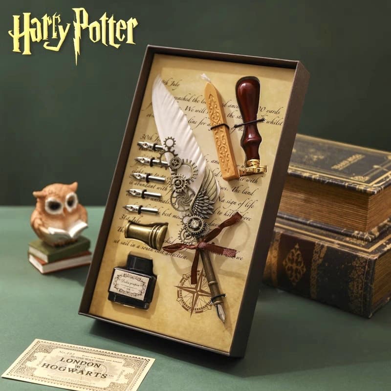 Magic Academy Retro Mechanical Feather Fountain Pen Gift Set Dip Pen Set Steampunk Gold-Fluffed Feather Pen Set