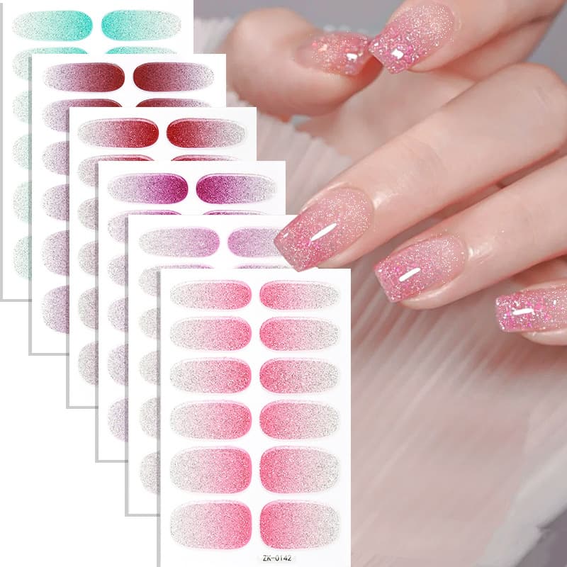 Zhengxiang Trending Gradient Pink Nail Art Stickers, Sparkling Cute Girl Waterproof Nail Stickers, Full Coverage Adhesive Nail Wraps