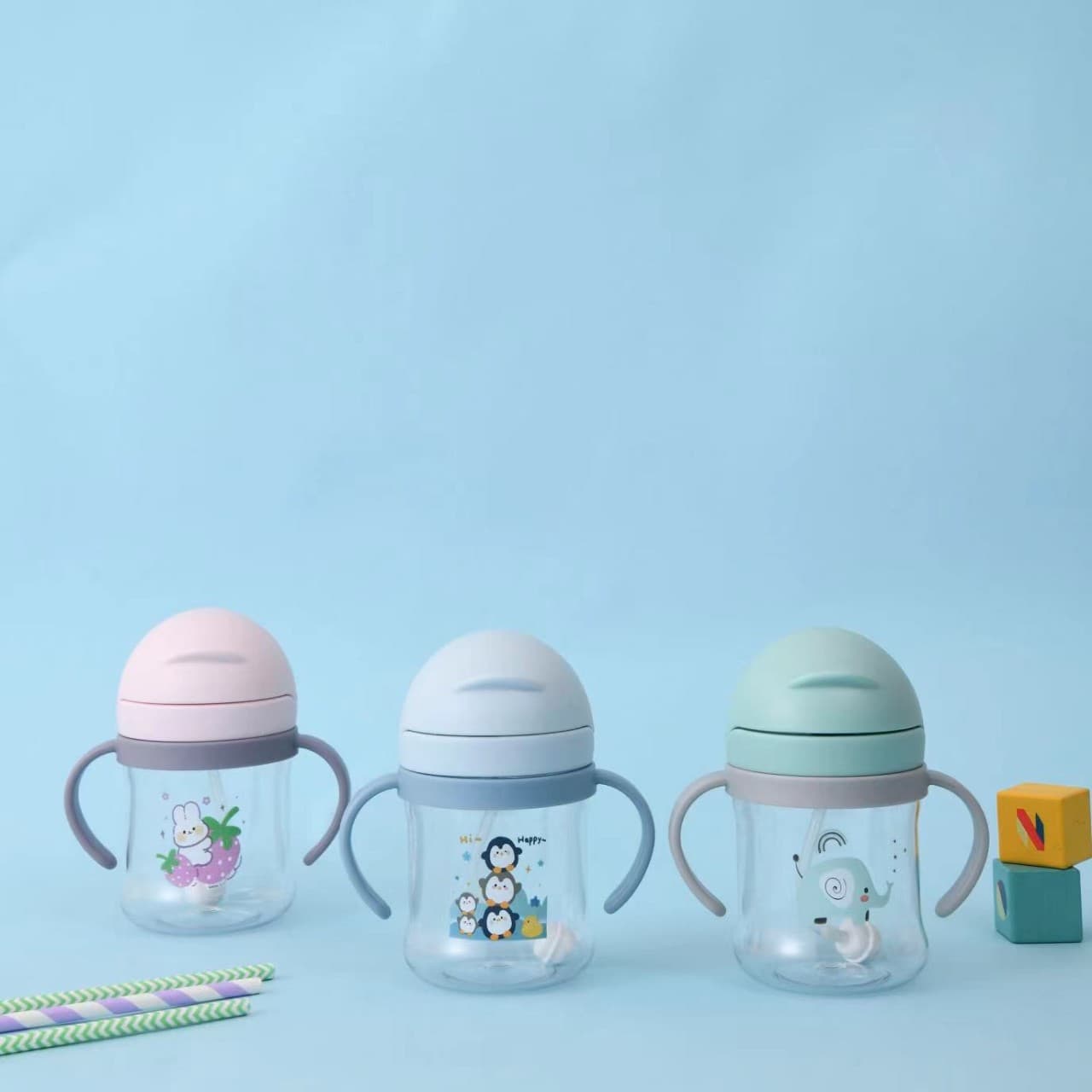 New Cross-border Kids Water Bottle Kindergarten Strap Double Handle Dual-use Creative Cartoon Straw Cup Wholesale for Export