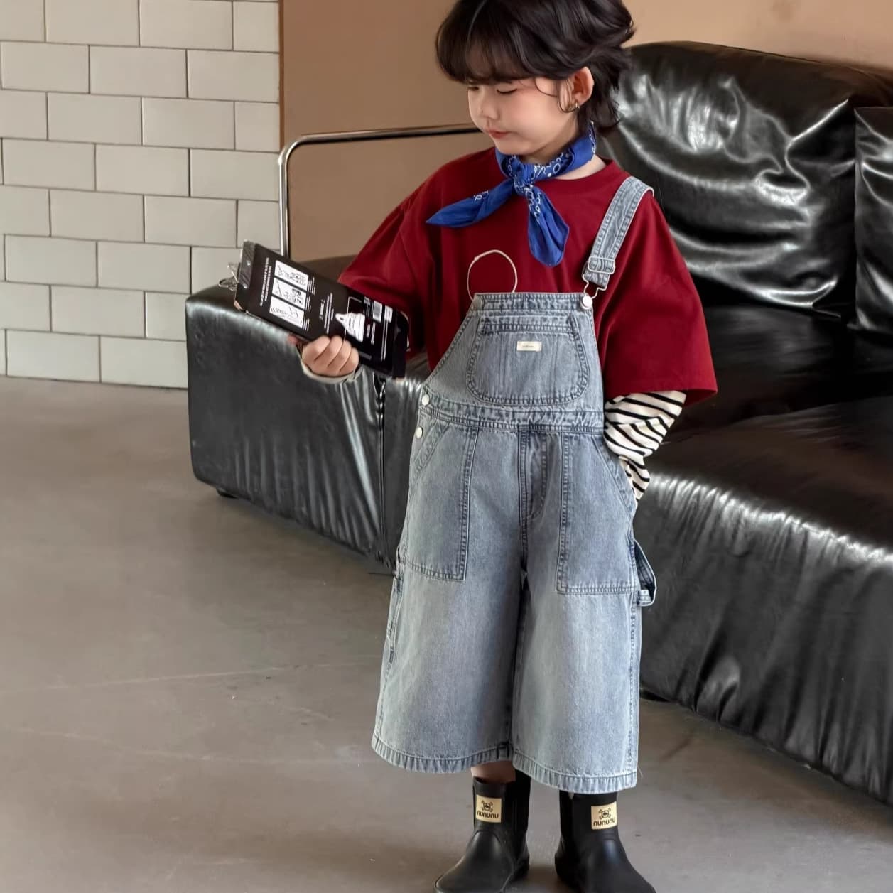 2026 Spring/Fall New Style Boys Girls Denim Overalls 7-Length Pants Cute Trendy Niche Wide-Leg Shorts Fashion