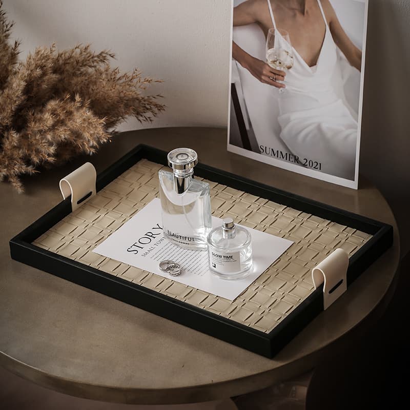 Handcrafted leather and wooden tray, a luxurious jewelry storage stand, a desktop ornament, a room decoration, a water glass, and an aromatherapy diffuser.