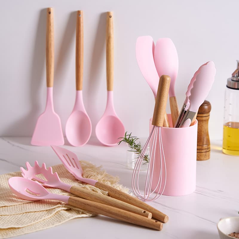 Wood Handle Silicone Kitchen Utensils 12-Piece Set, Non-Stick Silicone Cooking Spatula and Spoon, 7-Color Kitchen Tool Set