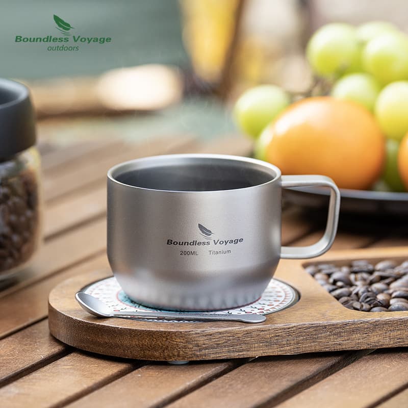 Biwei Pure Titanium Double-Walled Coffee Cup with Handle, Ultra-Light Heat-Resistant Tea Cup, Portable Outdoor Mini Cup for Wine or Water