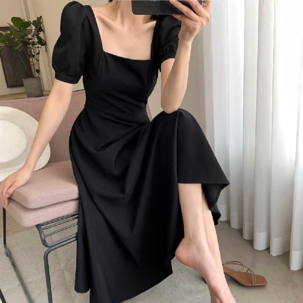 #official picture Hepburn little black dress slimming French retro temperament square collar over-the-knee long dress women summer