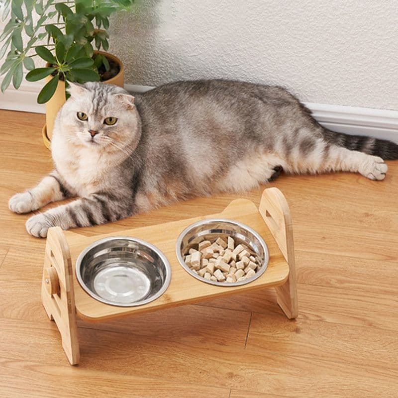 Bamboo Double Bowl Pet Feeder Home Cat Dog Universal Pet Bowl Stand Adjustable Height Pet Food Bowl Rack