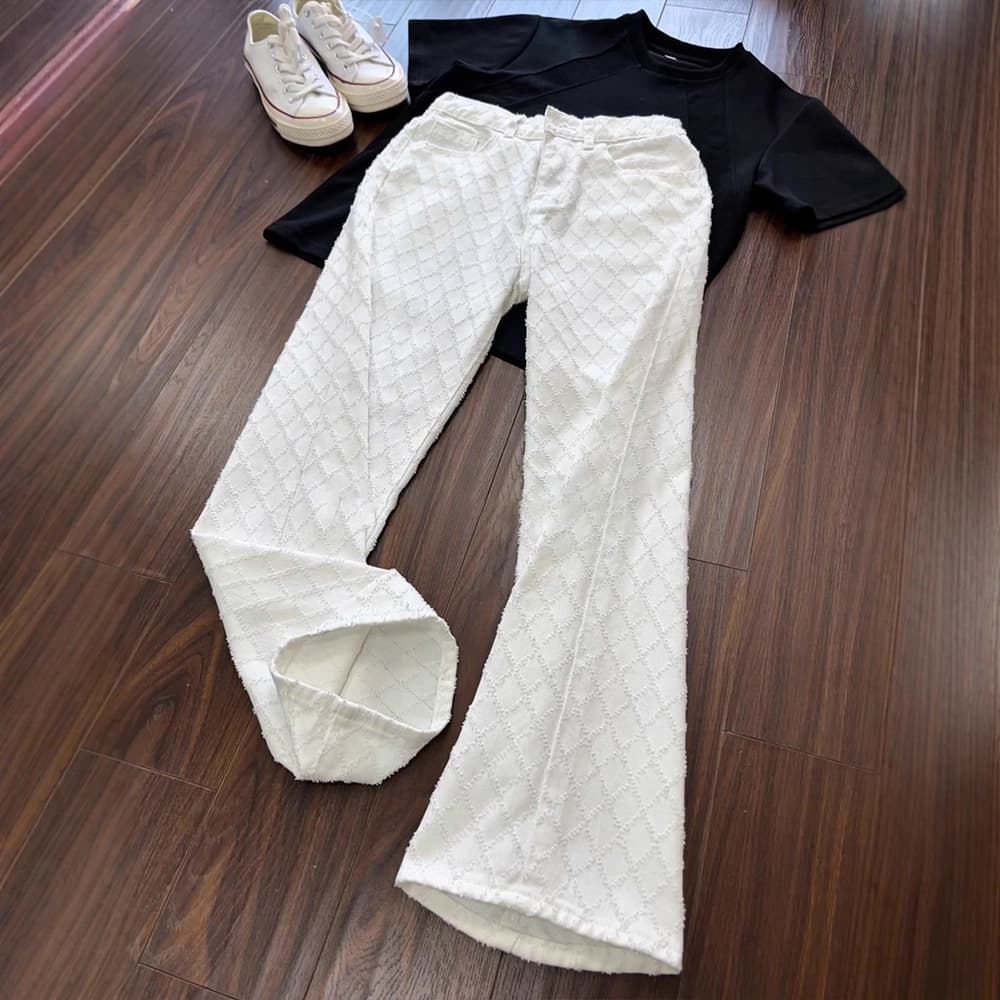 Cleanfit White Diamond Pattern Jeans for Men Autumn Jacquard Design High Street Vibe Straight Leg Flared Pants