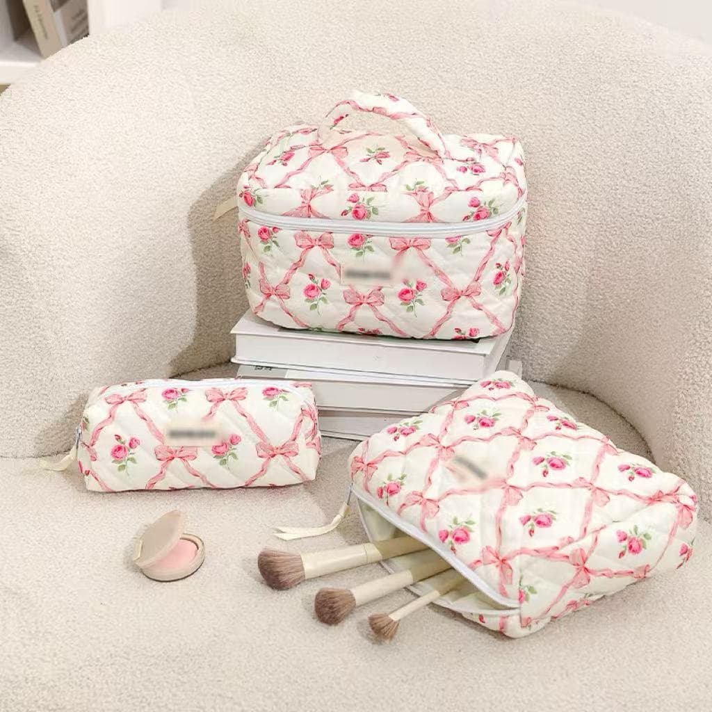Ins Style Butterfly and Flower Makeup Bag, Fashionable Quilted Bow and Flower Design, Large Capacity, Premium Cosmetic Storage Bag