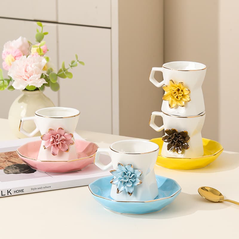 Hand-Pinched Rose Ceramic Coffee Cup & Saucer, Creative Ceramic Coffee Cup, Rose Flower Coffee Cup, High-Aesthetic Coffee Cup