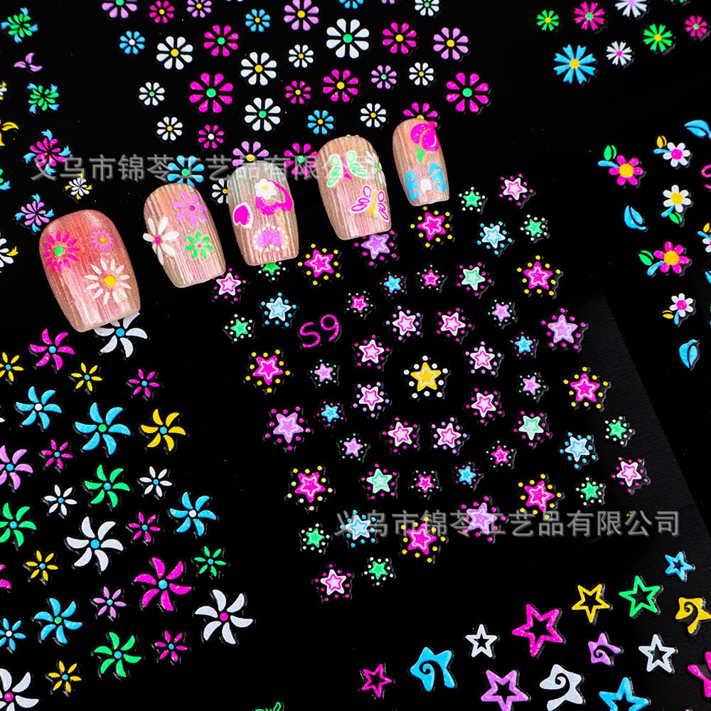 Cross-Border 24 Fluorescent Nail Art Stickers DIY Fluorescent Flower Butterfly Daisy Pattern Dopamine 3D Nail Stickers