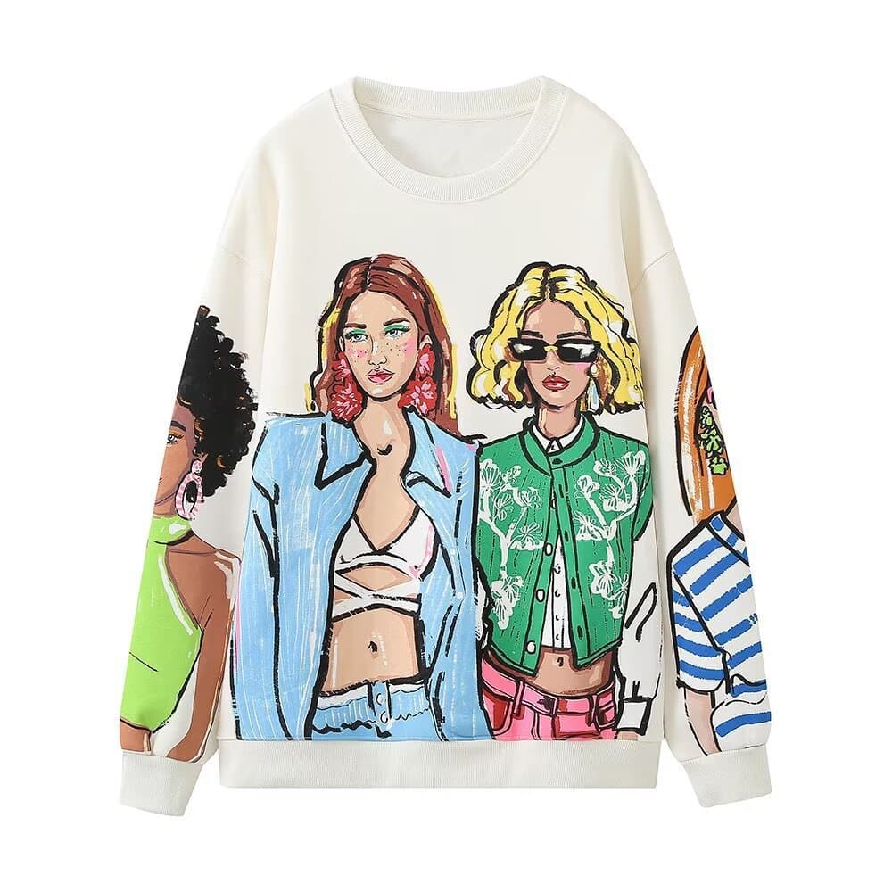 Cross-border Amazon Women's Fall/Winter Casual Loose Fit Digital Print T-Shirt Sweatshirt with Girl Pattern